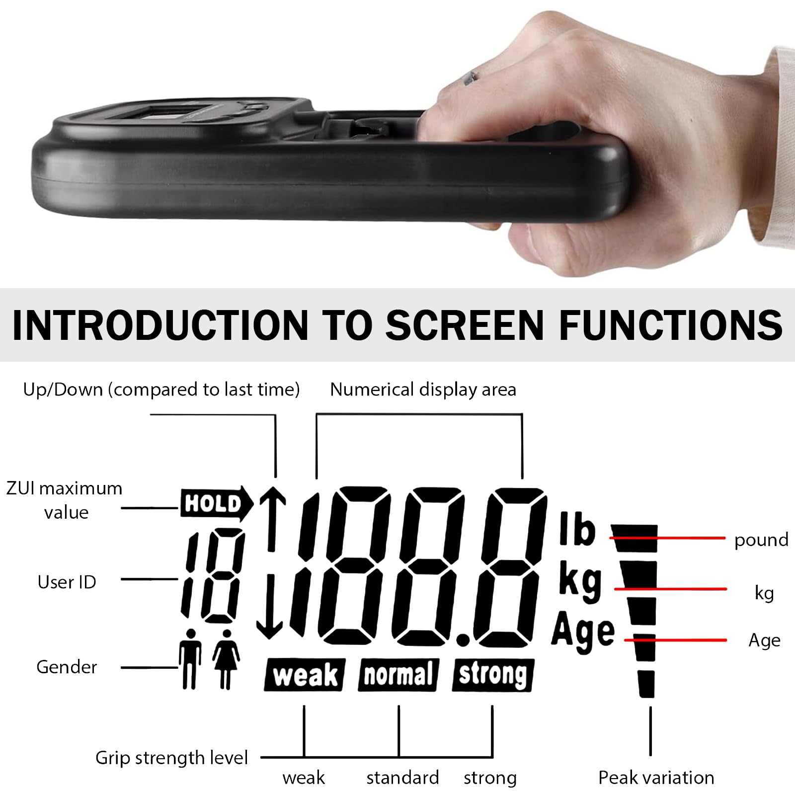 Appareil de force portatif numérique : dynamomètre manuel 180 kg, compteur de force de préhension électronique, écran LED, entraînement de force avec câble de charge USB, appareil de force de
