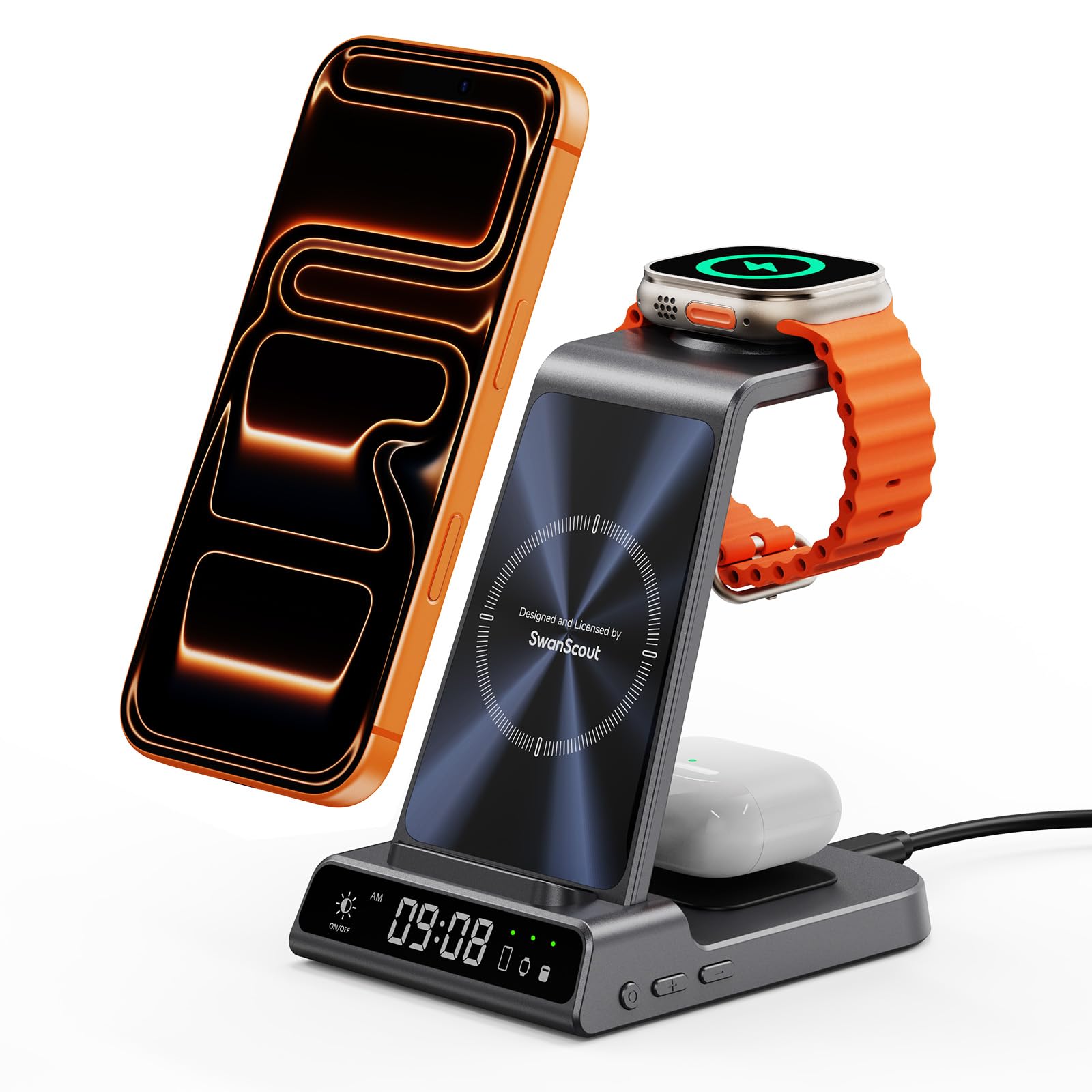 SwanScout Chargeur Induction 3-en-1 pour iPhone/Apple Watch/AirPods | Chargeur sans fil pour iPhone Air/17/16/15/14/13/12, pour Apple Watch Ultra 3/11/10/9/8/7/SE 3 et AirPods, SwanScout C02A