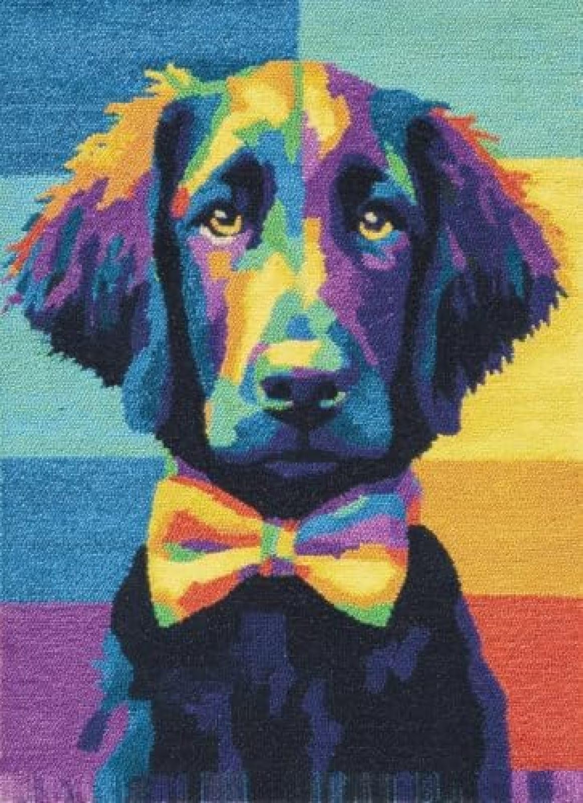 XDEGHUANGSS Latch Hook Rug Kit Flat-Coated Retriever Puppy with A Bow Tie Cushion Cover DIY Craft Set Pre-Printed Mat 38x52cm for Home Decor-2