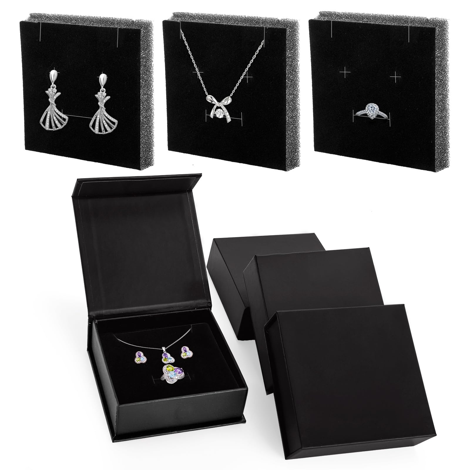 Covzoe 24 Pack Cardboard Jewelry Boxes, 3.6 x 3.6 x 1.3 Inch Small Jewelry Gift Boxes with Sponge Filled and Lid, Jewelry Storage Display Case for Necklace Earring Ring, Black