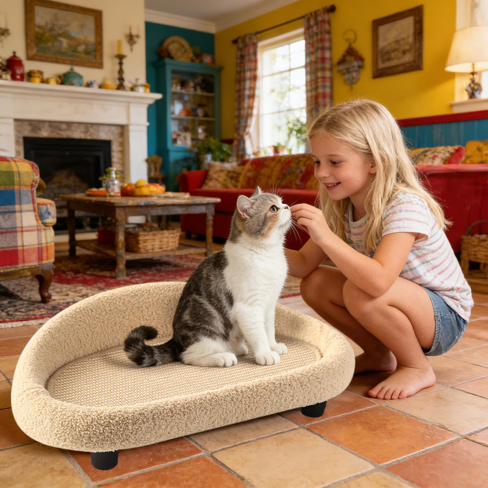 Cama con Rascador para Gatos Cama Estilo Lounge Tamaño Grande de Sisal | Tapete Rascador para Gatos para Salón, Dormitorio, Apartamento, Patio, Esquina del Hogar