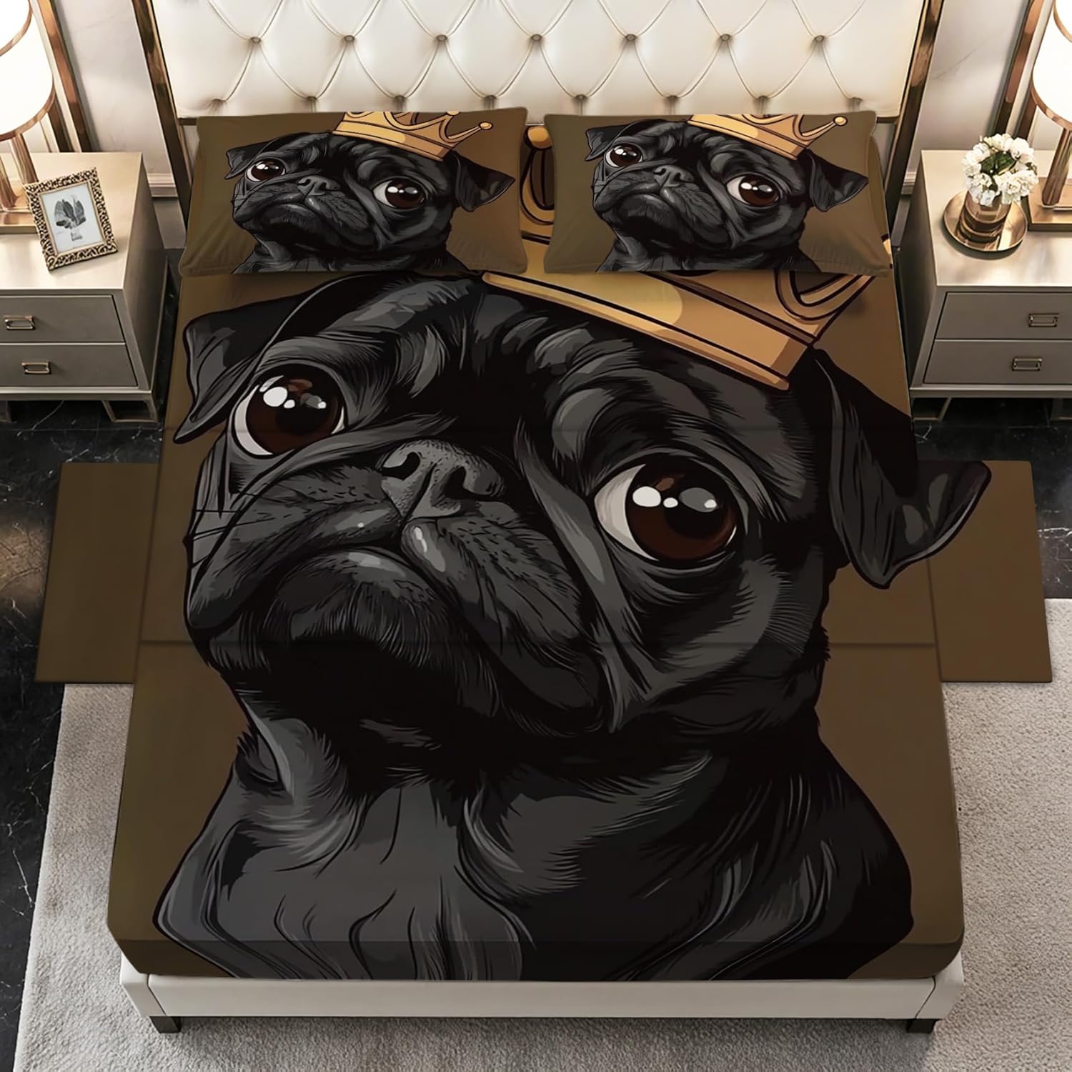 Pug Sheets Full Size - Cute Funny Dog Bed Sheet Set - Deep Pocket Soft Microfiber Bedding Set 4 Piece - Fitted Flat Sheet Pillowcases - Pug Bedroom Decor & Gifts