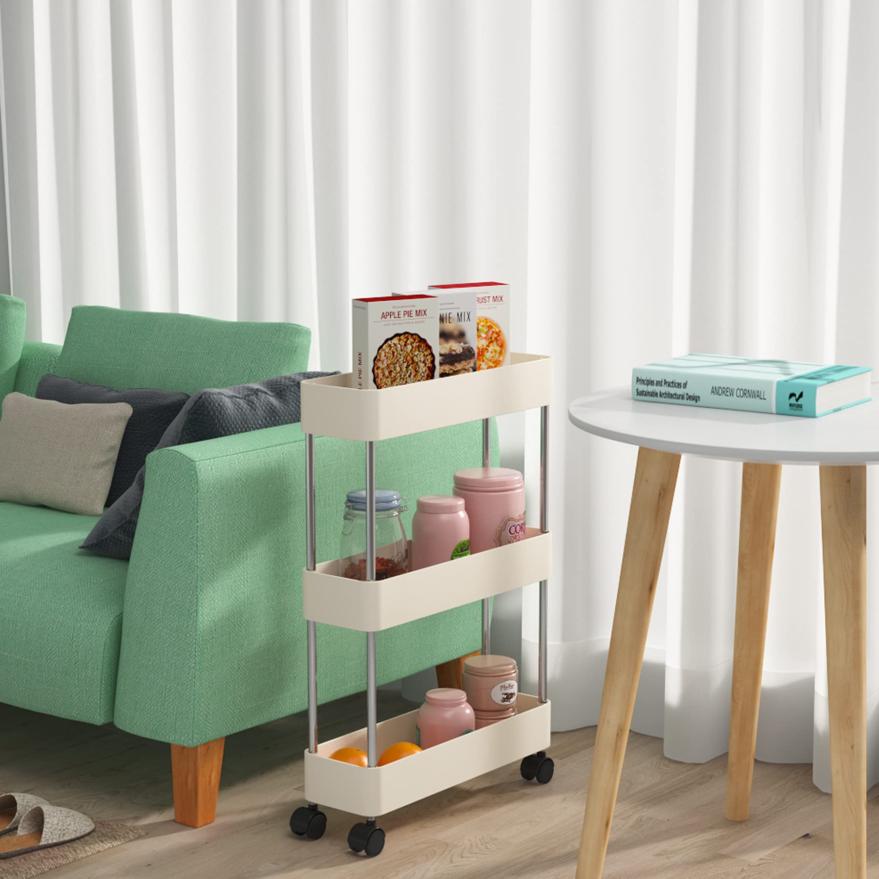 JIUYOTREE 3Tier Slide Out Storage Trolley, Slim Storage Cart, Narrow Shelf Unit Organiser with