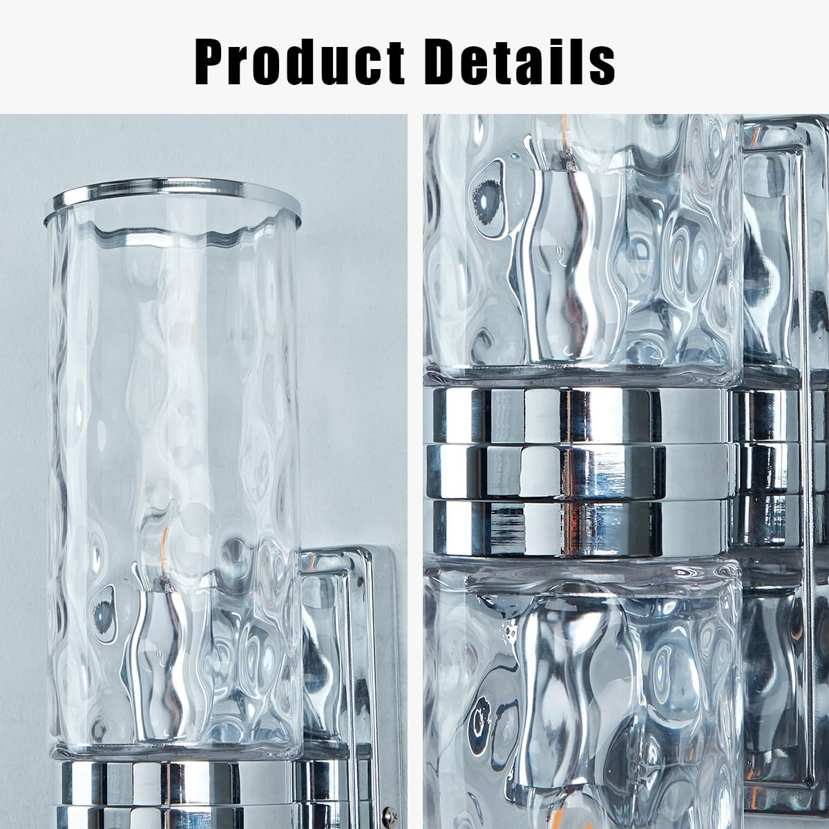 21 Inch Modern Handmade Glass Double Sconce, Polished Chrome Metal Finsish Wall Light for Bedroom, Hammered Clear Glass Tube Vanity Light Beside Mirror, Elegant Light Fixtures for Indoor