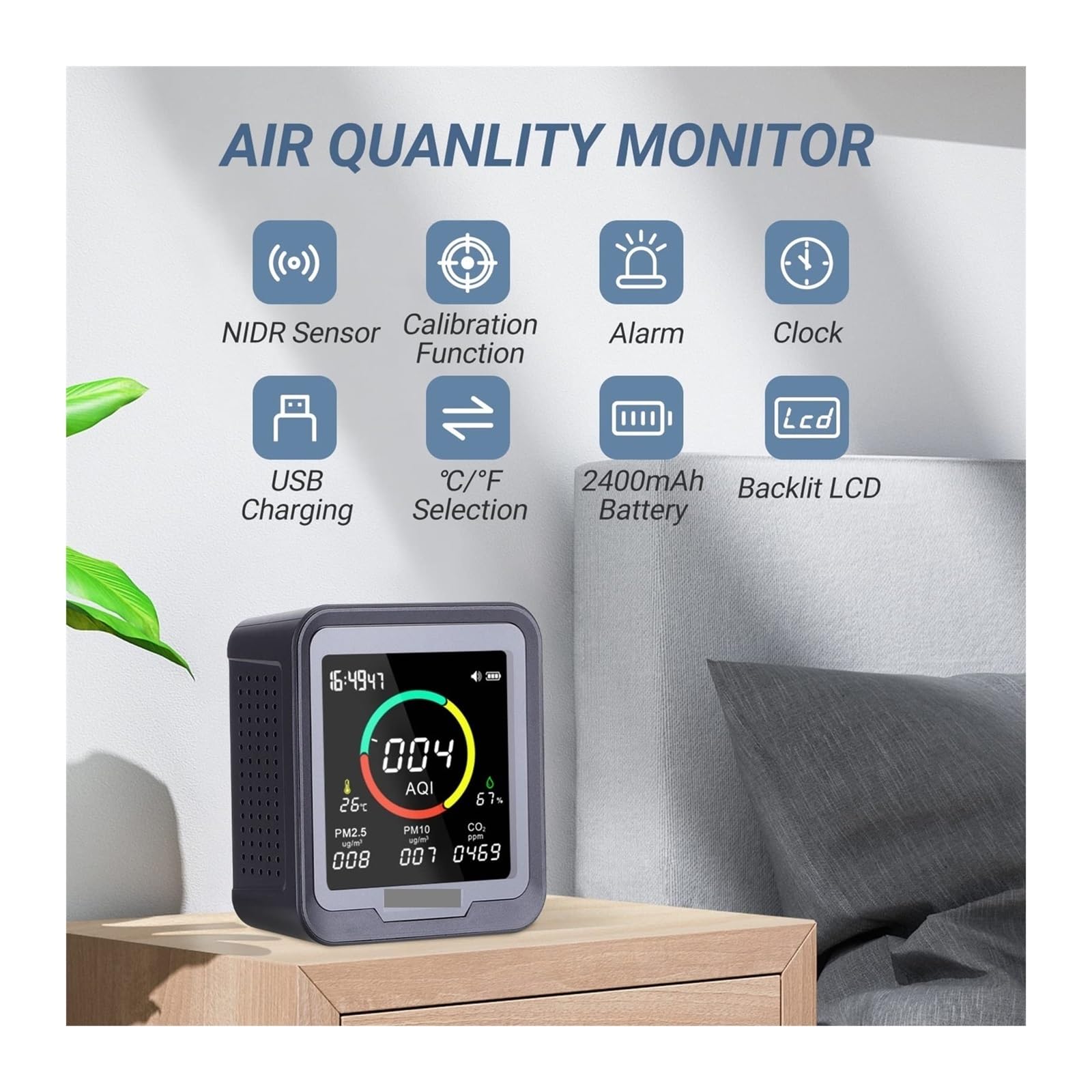 Detector de Gases, Monitor de Calidad del Aire Que detecta CO2, PM2.5, PM10, ICA, Temperatura y Humedad con Alarma for Habitaciones, sótanos oficinas