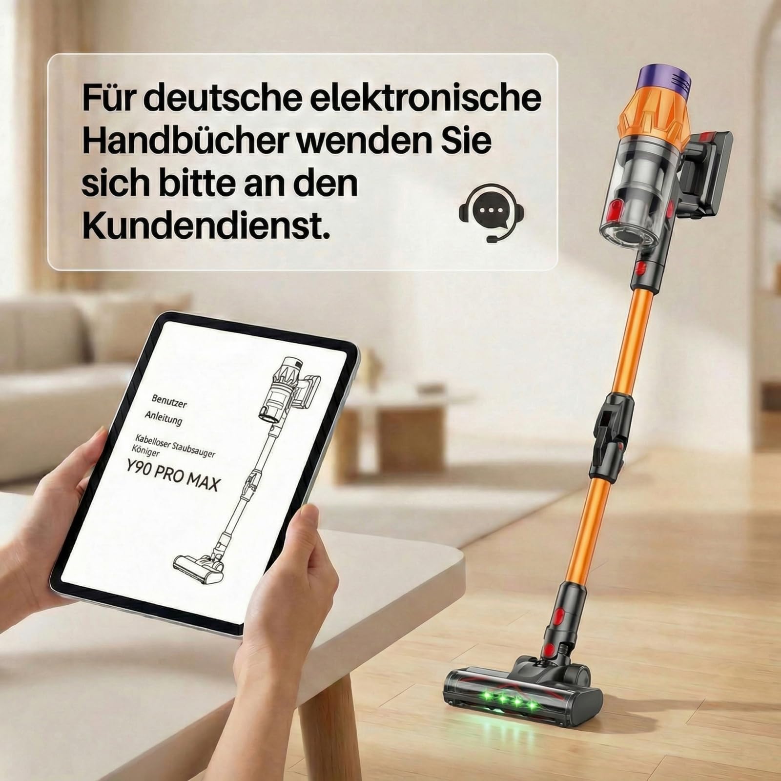 airvax akku staubsauger Y90 pro max, kabelloser staubsauger 35kpa 550w mit faltbarem saugrohr und milbenbuerste, 40 minuten laufzeit, beutelloser akkusauger für teppich hartboden sofa auto Gold