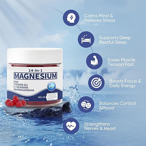 Miniatura 6 de Gomitas de complejo de magnesio 14 en 1 con Ashwagandha, L-teanina, D3 y zinc, suplemento de apoyo de cortisol de glicinato de magnesio para mujeres