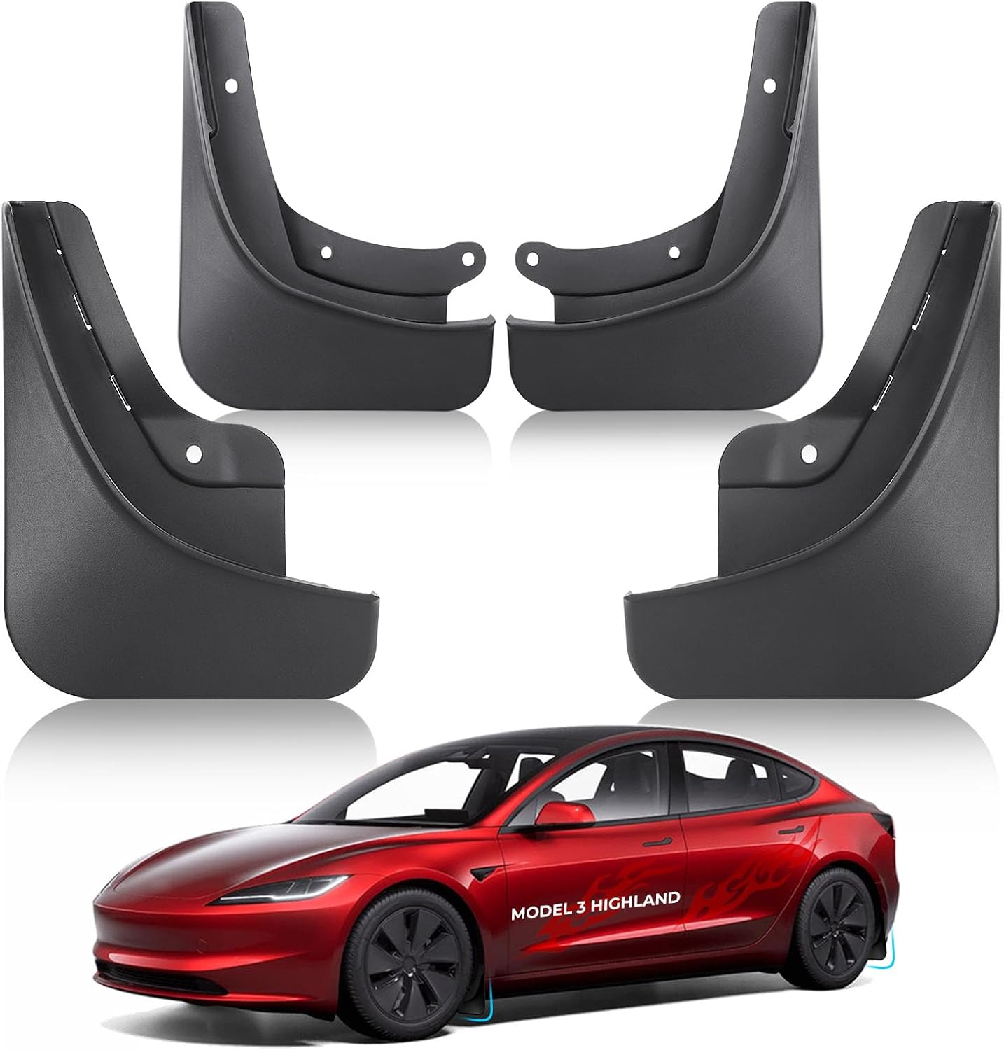 Mud-Flaps for Upgraded 2024 2025 Tesla Model 3 Highland Splash Guards Accessories No Drilling No Tape Requited All Weather Protector Mudguards Thicker TPE Material 4 PCS Set Black