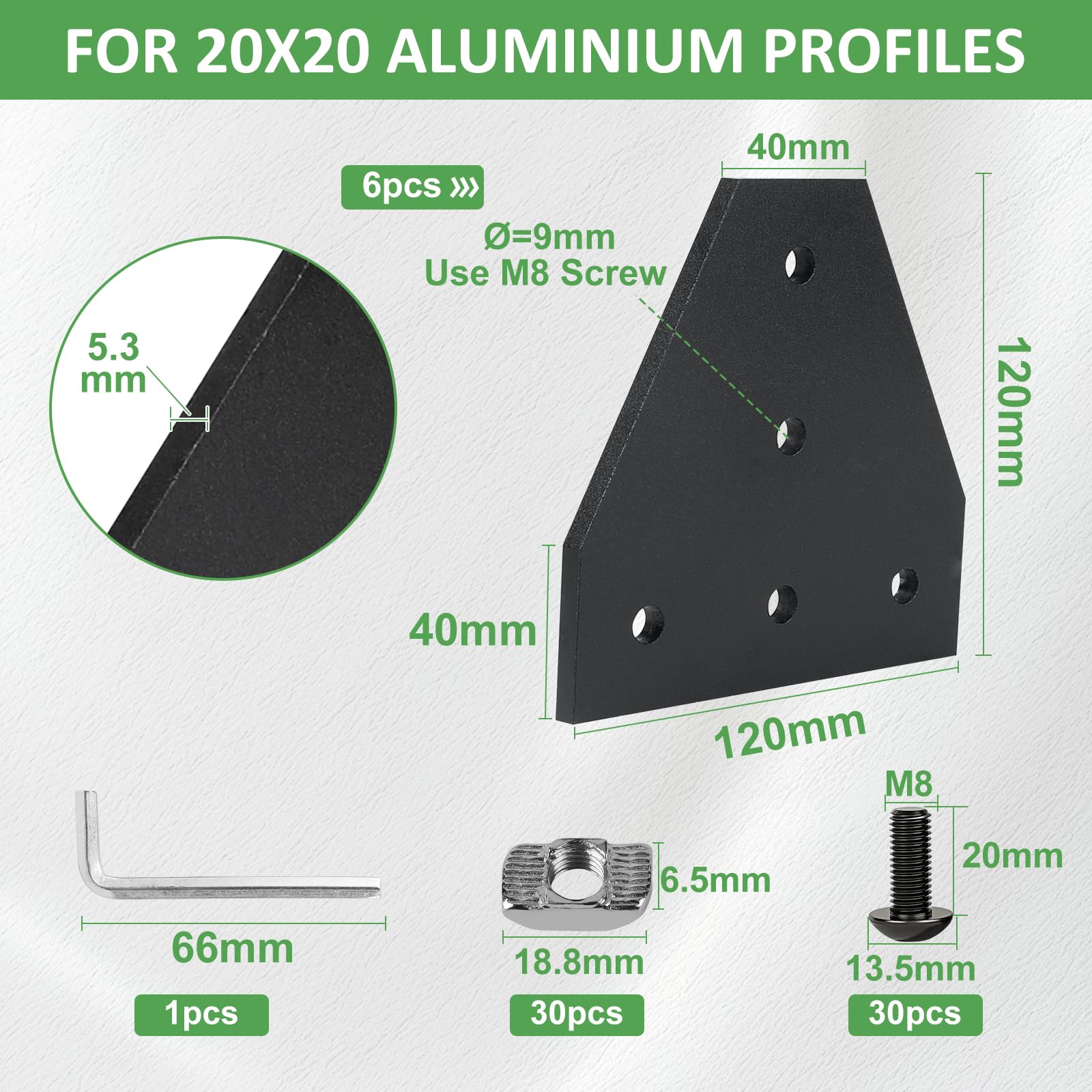 EXLECO 6er Eckhalterung Verbindungsplatte Aluprofil 40x40 Eckhalterungsplatte Eckwinkelplatte T Profil Aluminium mit Muttern Schrauben Sechskantschlüssel für 9mm Schlitz Aluminiumprofil, Schwarz
