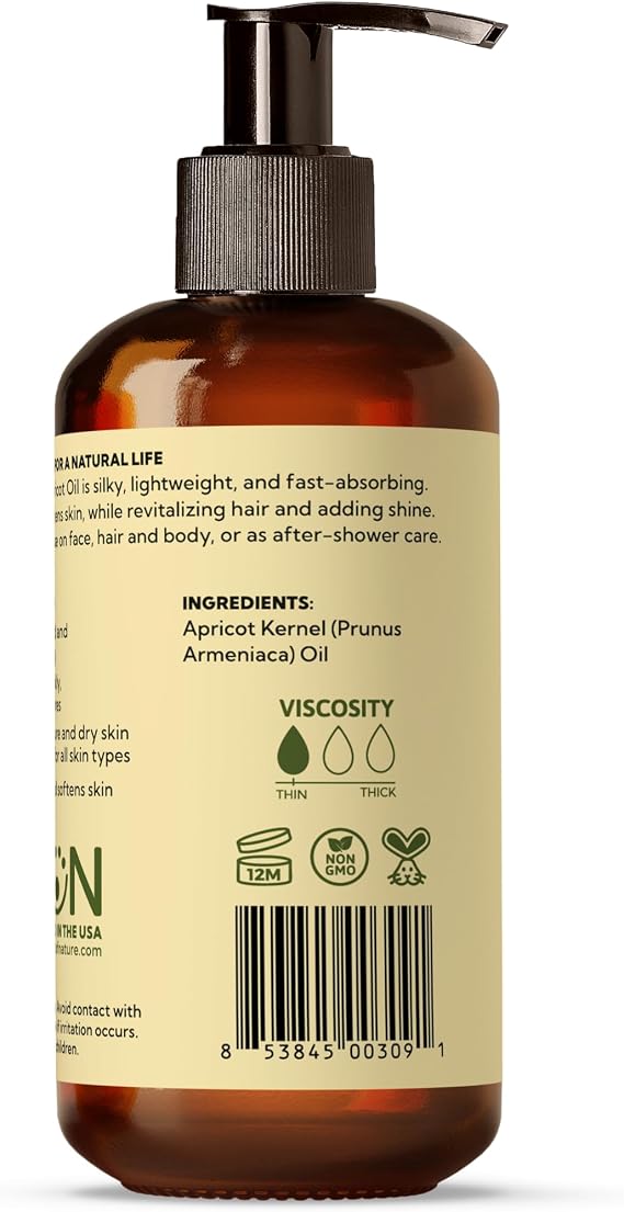 Best of Nature 100% Pure Apricot Kernel Oil Lightweight Unscented Massage & Body Oil for Skin, Face & Hair Carrier Oil for Essential Oils & Aromatherapy 8 fl oz