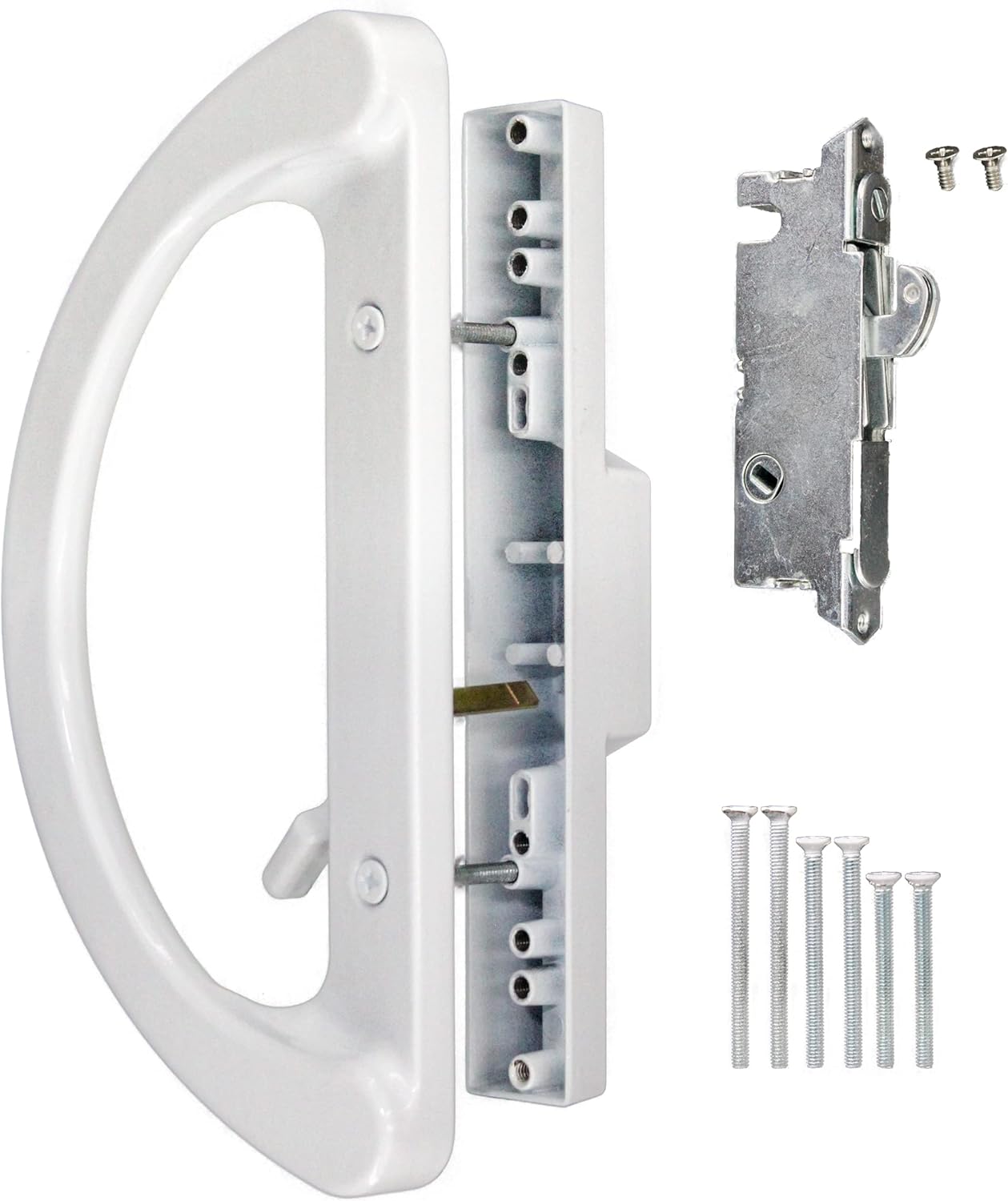 Sliding Door Handle 3-15/16 Inch(10cm) Hole spacing (Right and Left Handed) White Patio Glass Door Handle Set Non-keyed (+ Mortise Lock 45 Degree Keyway)