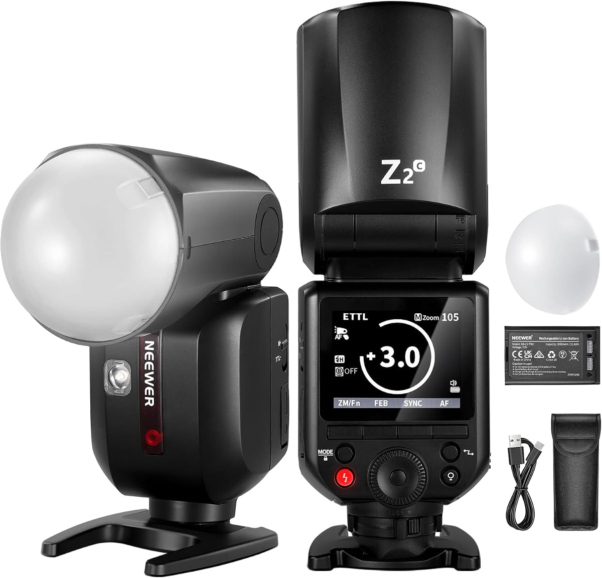 Z2-C 2.4G TTL Round Head Flash Speedlite Compatible with Canon Cameras, Compatible with Godox, 76Ws 1/8000s HSS, Diffuser, 2 Modeling Lamps, TTL/M Toggle Key, 3000mAh, 600 Full Power Light