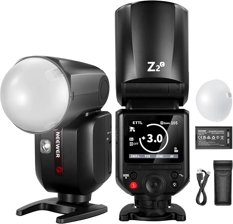 Z2-C 2.4G TTL Round Head Flash Speedlite Compatible with Canon Cameras, Compatible with Godox, 76Ws 1/8000s HSS, Diffuser, 2 Modeling Lamps, TTL/M Toggle Key, 3000mAh, 600 Full Power Light