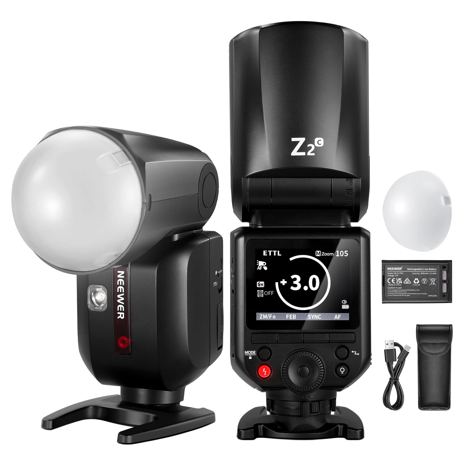 NEEWER Z2-C 2.4G TTL Round Head Flash Speedlite Compatible with Canon Cameras, 76Ws 1/8000s HSS with Diffuser, 2 Modeling Lamps, Upgraded UI, TTL/M Toggle Key, 3000mAh Battery, 600 Full Power Flash