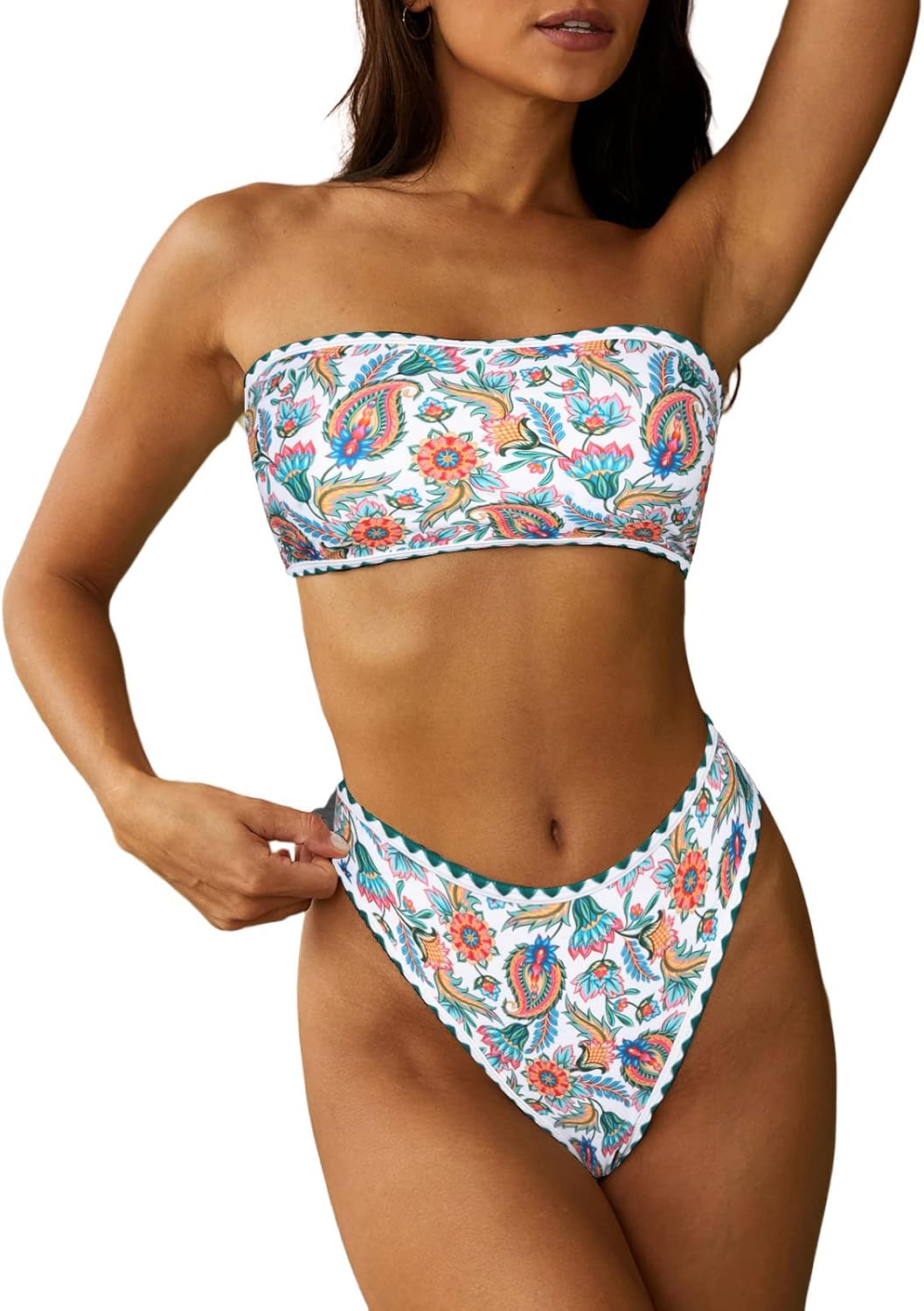 ZAFUL Women Strapless Textured Bandeau Bikini 2 Piece Swimwear Cheeky Solid Lace up Bathing Suits