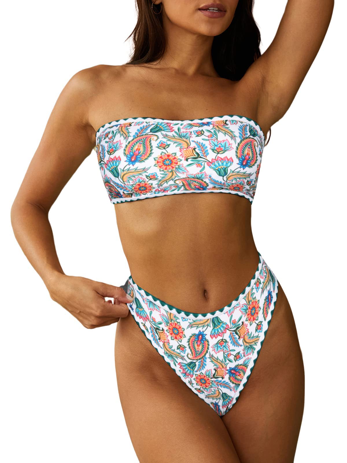 ZAFUL Women Strapless Textured Bandeau Bikini 2 Piece Swimwear Cheeky Solid Lace up Bathing Suits