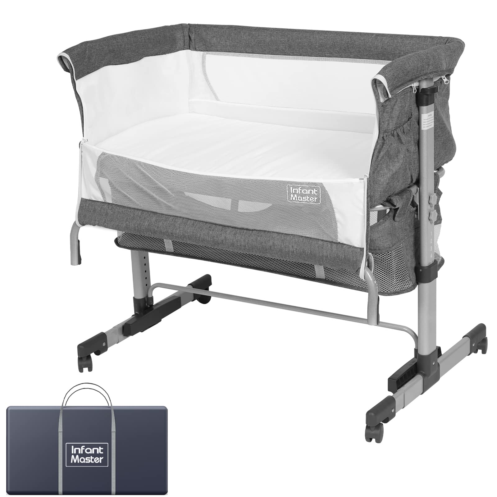 Portable Crib, Infant Master Bedside Bassinet, Portable Travel Crib with 5 Gears Height Adjustable, Fold-able Baby Bed, bassinets for Newborn 2022 New, Grey