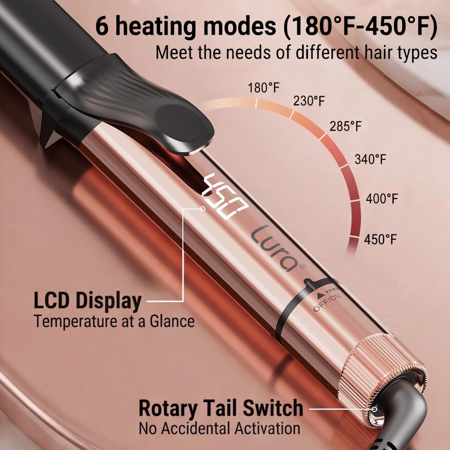 LURA Oval Premium Ceramic 1.25 Inch Curling Iron, Professional Curling Wand With Clamp For Long Hair, Beach Waves Hair Curler With Bottom Rotary Temp Control, Fast Heating, Dual Voltage, Auto Shut Off