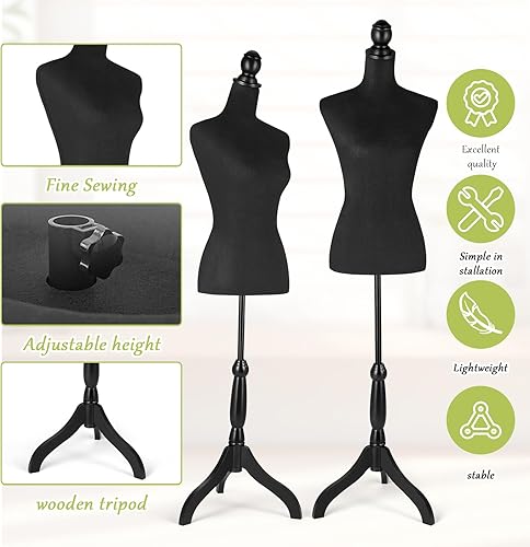 Miniatura 2 de Forma de vestido de torso de maniquí de tela femenina con soporte de base de trípode de madera, cuerpo de maniquí ajustable de 52 a 67 pulgadas para