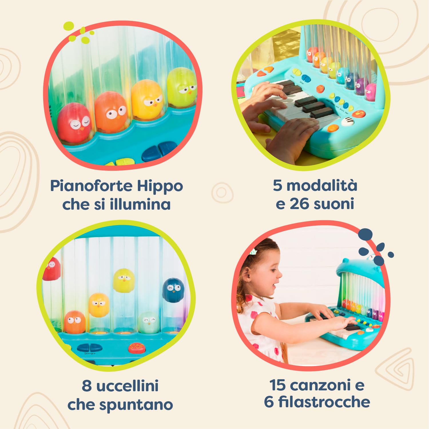 B. toys - Ippopotamo Pop - Tastiera giocattolo - Suonare il pianoforte - Canzoni, suoni e luci - Strumento musicale per bambini e ragazzi - 12 mesi +