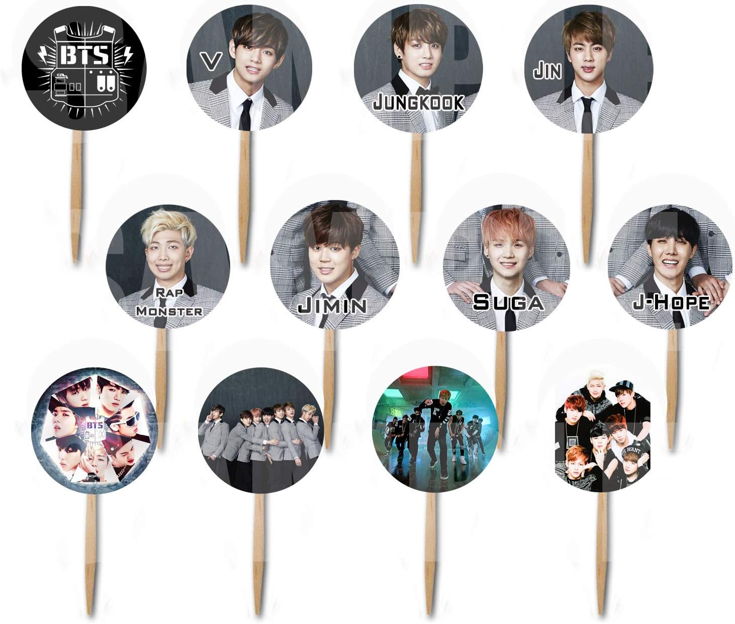 K pop Boy Band Assorted Images Cupcake Picks Cake Toppers (12 pcs) South Korean Boy Band Jin Suga J-Hope RM Jimin V Jungkook