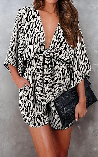 Miniatura 2 de PRETTYGARDEN Overol corto con estampado floral para mujer, cuello en V, manga 34, casual, holgado, de gran tamaño, con bolsillos