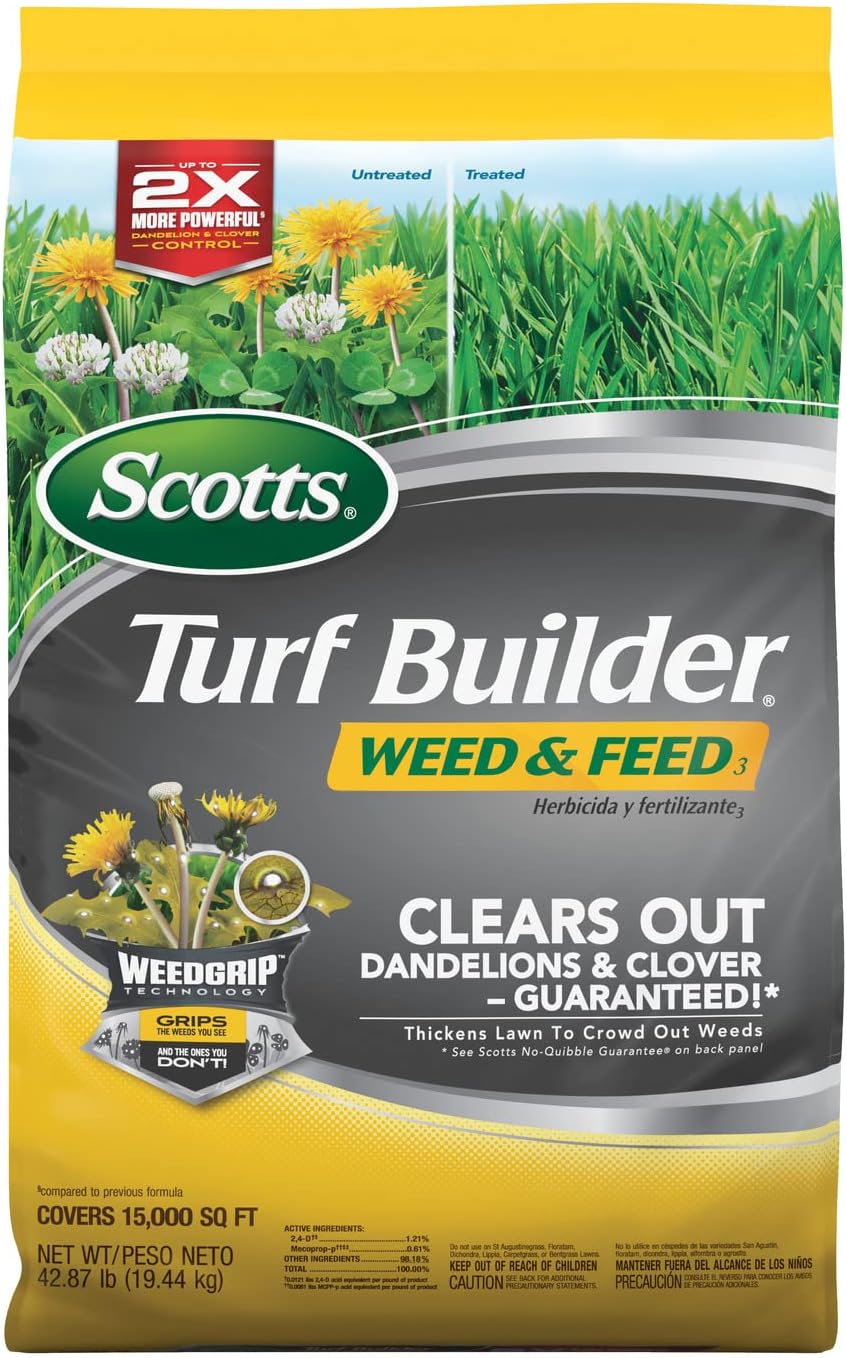Scotts Turf Builder Weed & Feed3, Weed Killer Plus Lawn Fertilizer, Controls Dandelion and Clover, 15,000 sq. ft., 42.87 lbs.