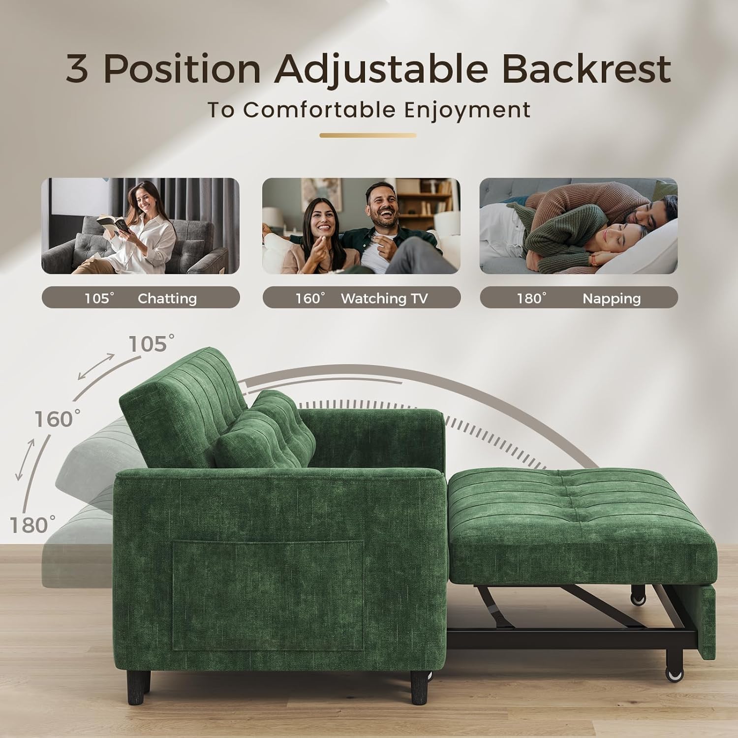 KKL 3 in 1 Convertible Small Sleeper Sofa Bed, Pull Out Couch Bed with Adjustable Backrest, Chenille Loveseat Pullout Couches with Side Pocket for Living Room, Bedroom (Green)