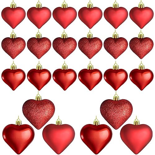 24Pcs Heart Shaped Ornaments for Valentine Day, Red Heart Shaped