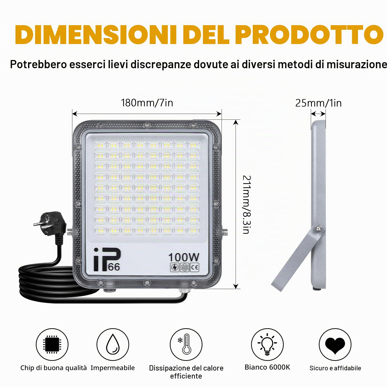 Willpower Faro LED Esterno 100W Faretti LED 6000K Bianco Con Spina