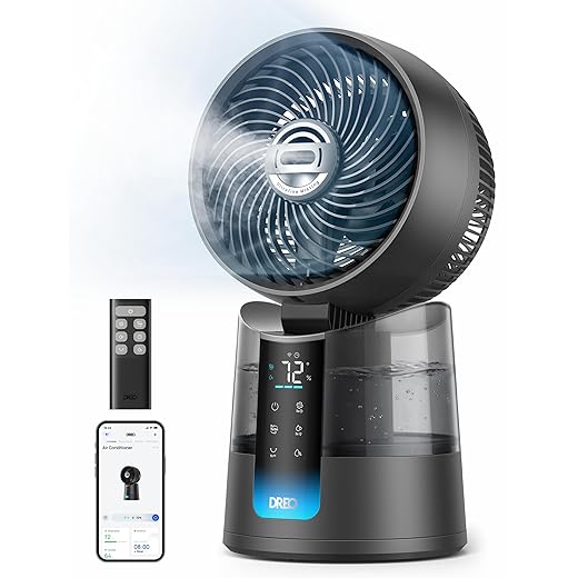 DREO TurboCool Misting Fan 516S, 150°+30° Omni-directional Oscillating Smart Desk Cooling Fan，Evaporative Air Cooler, 26 ft/s, Ultrafine Mist, 20dB, 6 Speeds 2 Modes, Remote & APP Control, RGB, Grey