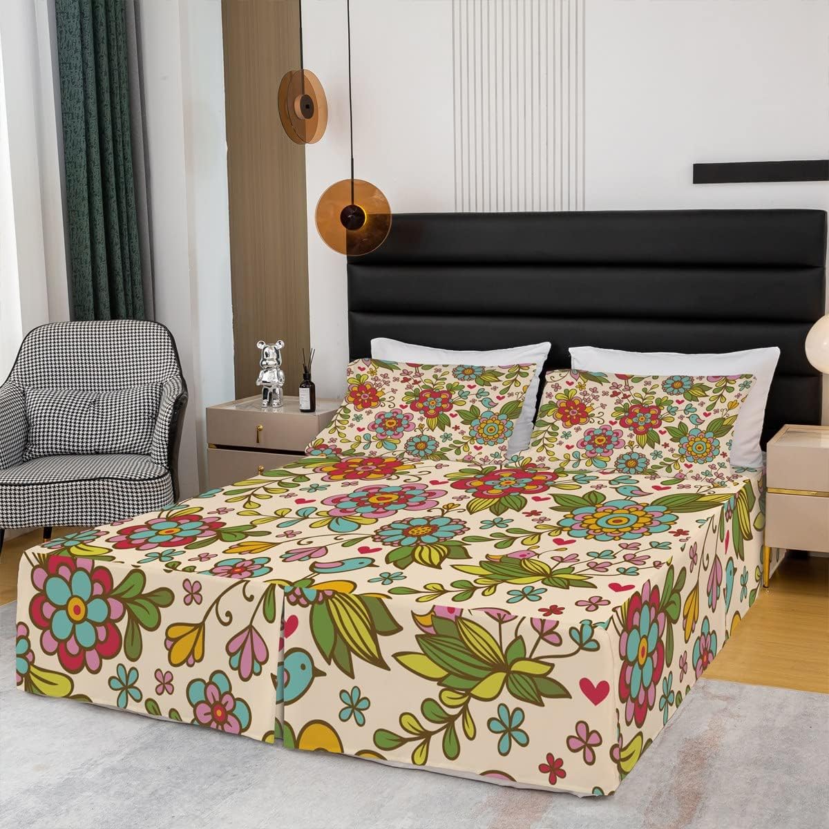 Groovy Flower Bed Skirt 70S Retro Psychedelic Floral Groovy Bed Skirts Queen Women Girls Boys Bohemian Abstract Vintage Hippie Bedskirt Boho Disco Indie Room Decor Rainbow Butterfly Print Bedding Set