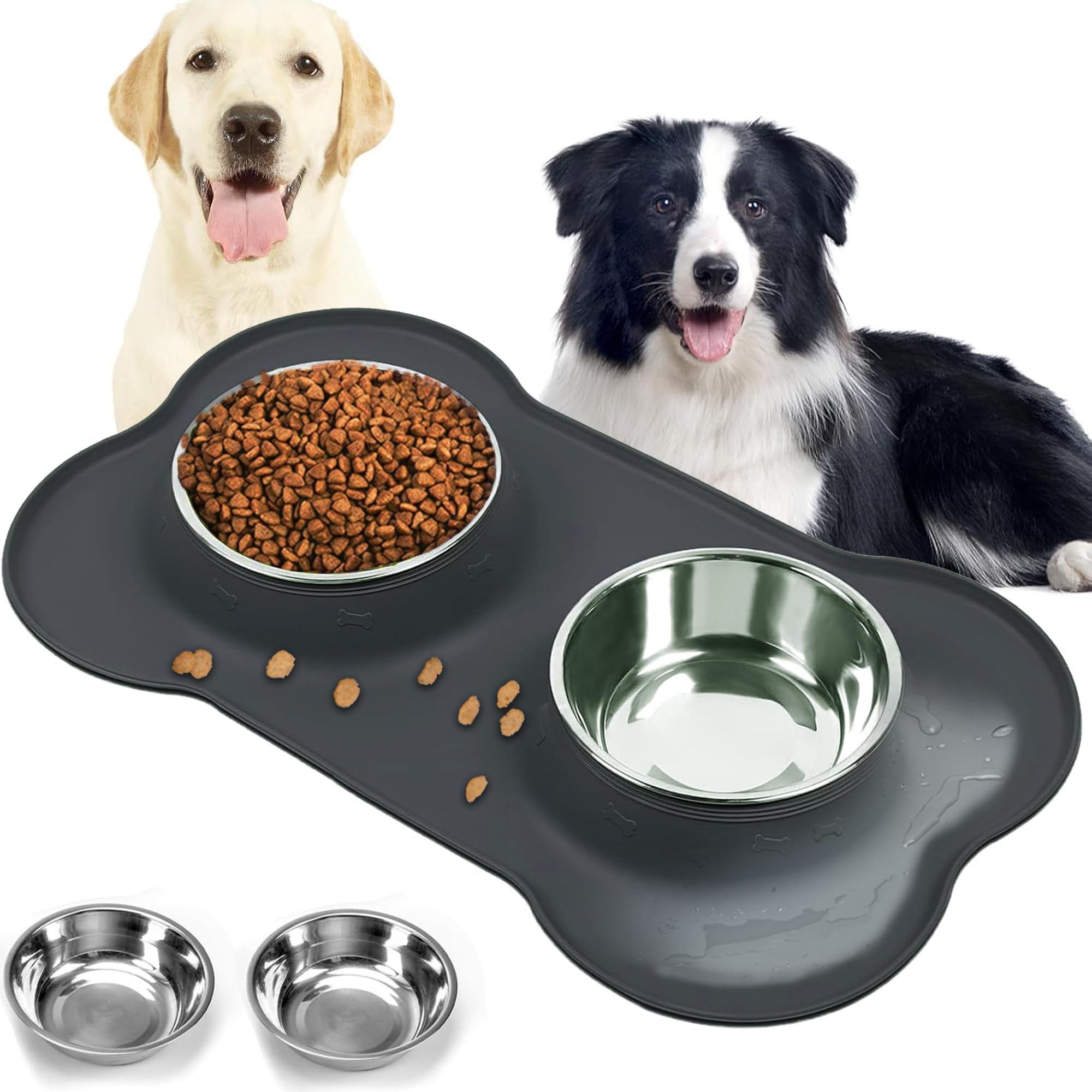 Ciotola per Cani,Doppia Ciotole in Acciaio Inossidabile,Ciotola Cane con Tappetino in Silicone,Facile da Pulire,Bowl Doppia per Cani e Gatti di Piccola e Media Taglia