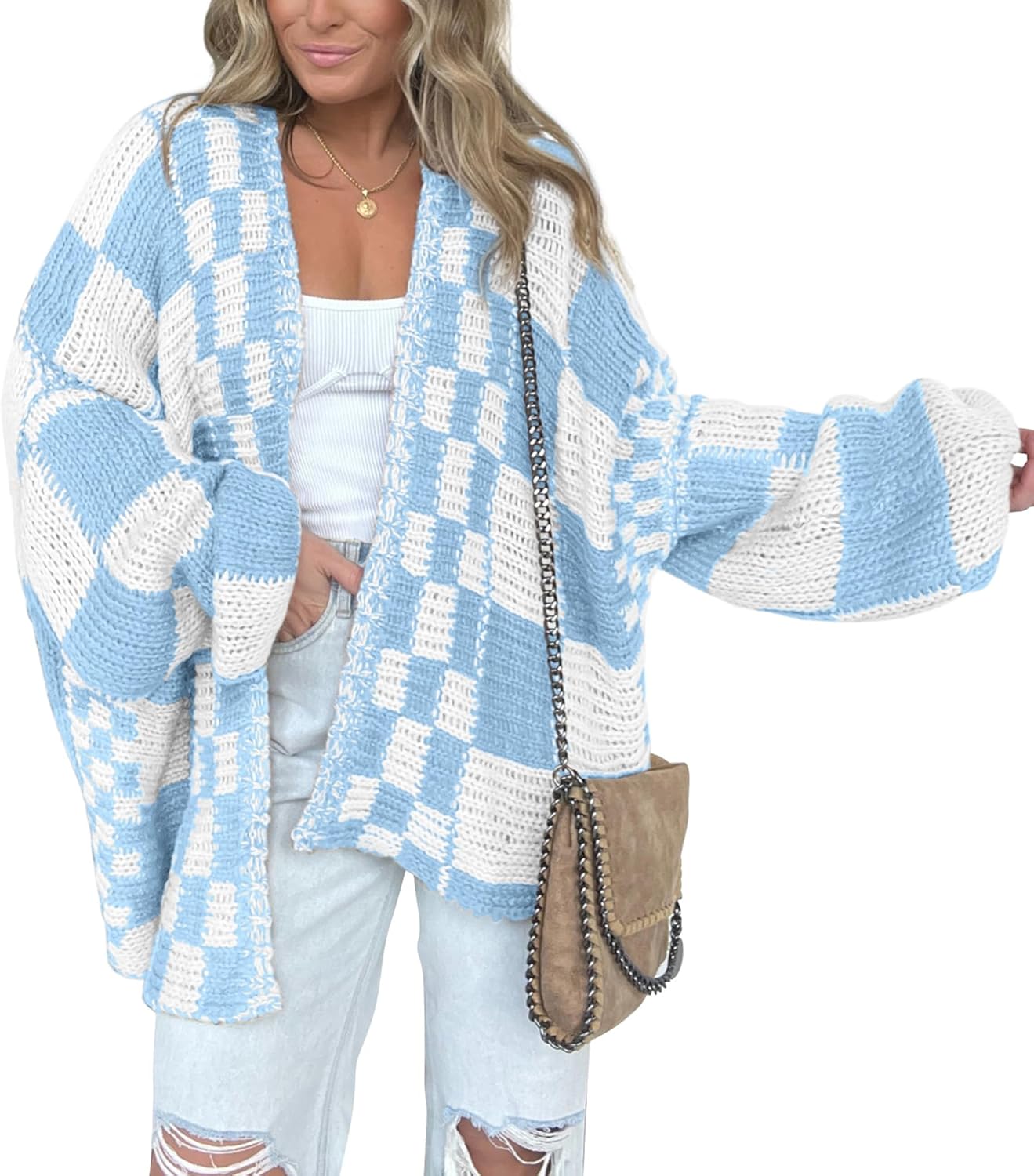 BTFBM Casual Cardigan Sweater for Women Fall 2025 Long Sleeve Open Front Chunky Knit Sweaters Checkered Outwear Coat