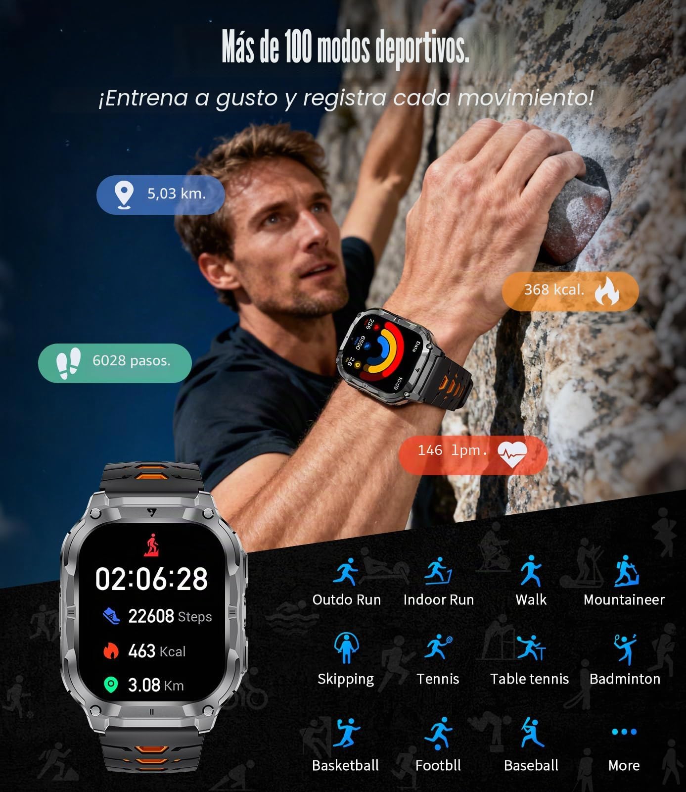 Reloj Inteligente Hombre con LED Linterna, 1000mAh/IP68 Impermeable/2.0" HD Militar Smartwatch con Llamadas, 100+ Modos Deportivos/24H Pulsómetro/Sueño Pulsera Actividad Android iOS, Negro-Naranja