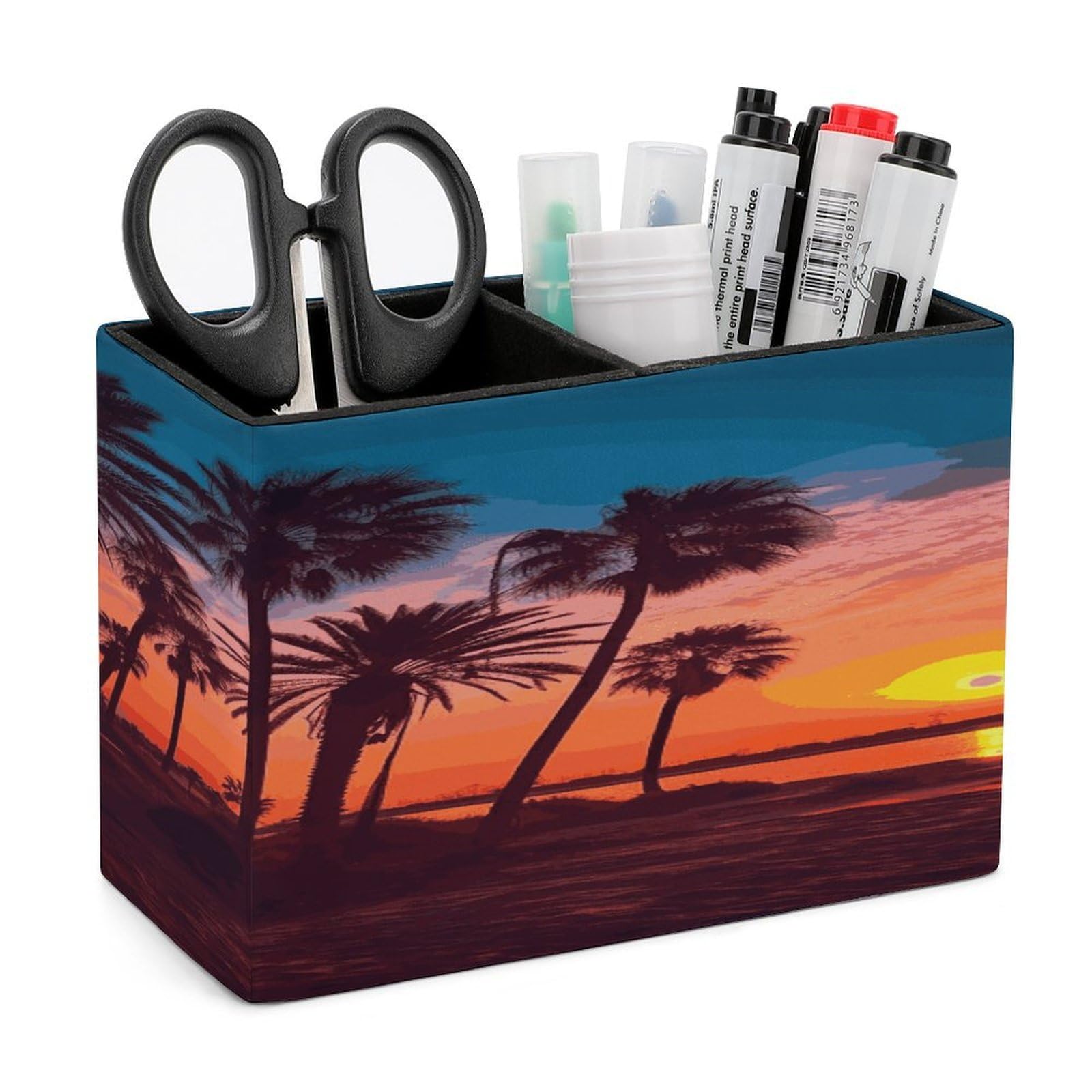LDGSUPH Palm Tree Sunset Leather Pen Holder for Desk Organizer Caddy Large Pencil Cup Multi-function Pencil Holder Makeup Brush Holders Pen Organizer for Home Office Storage Box
