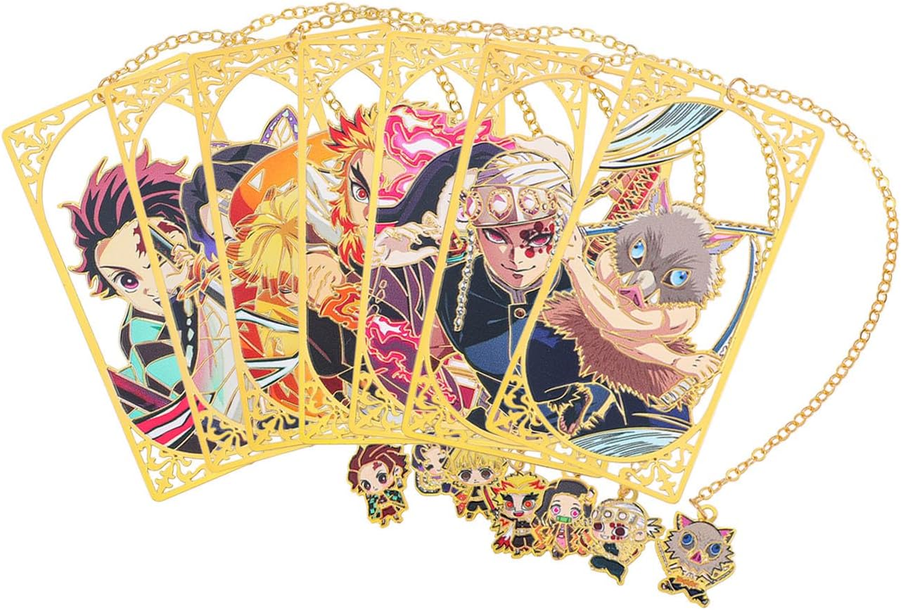 7PCS Anime Demon Bookmark Set, Tanjiro Hashira Brass Bookmarks for Readers, Students, Anime Fans, Book Lovers, Reading Accessories (7pc Hashira)