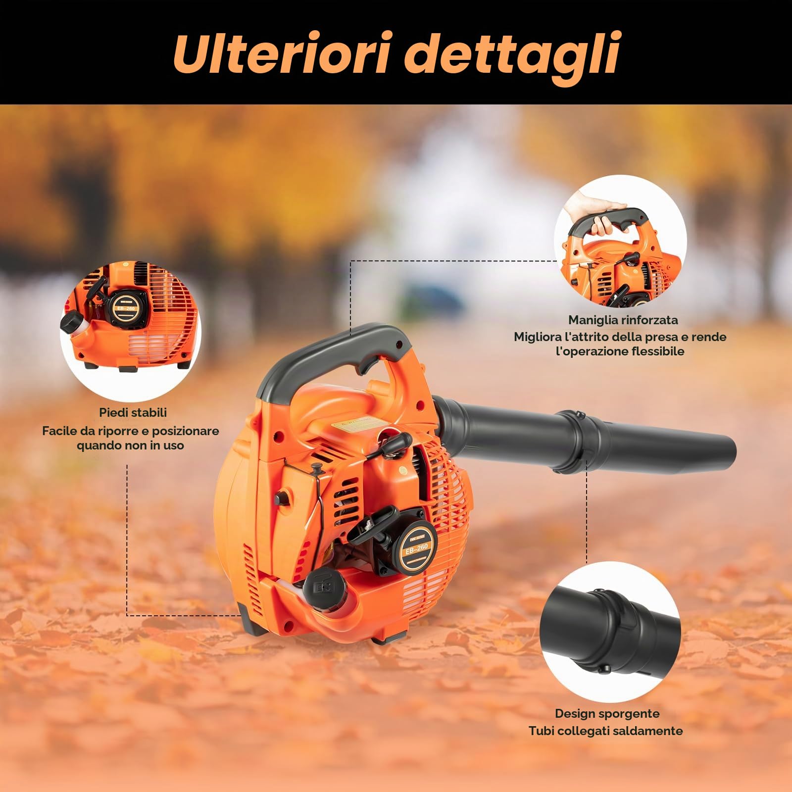 Soffiatore per foglie a benzina 25,4 cc 2 tempi, aspiratore per foglie a benzina con avviamento manuale e accensione elettronica, soffiatore manuale per la cura del prato, cortile, giardino