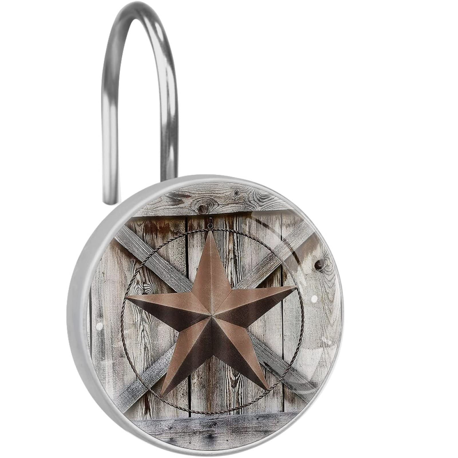 Western Texas Star - Ganchos para cortina de ducha, acero inoxidable, cristal, resina, juego de 12 anillos para cortina de ducha