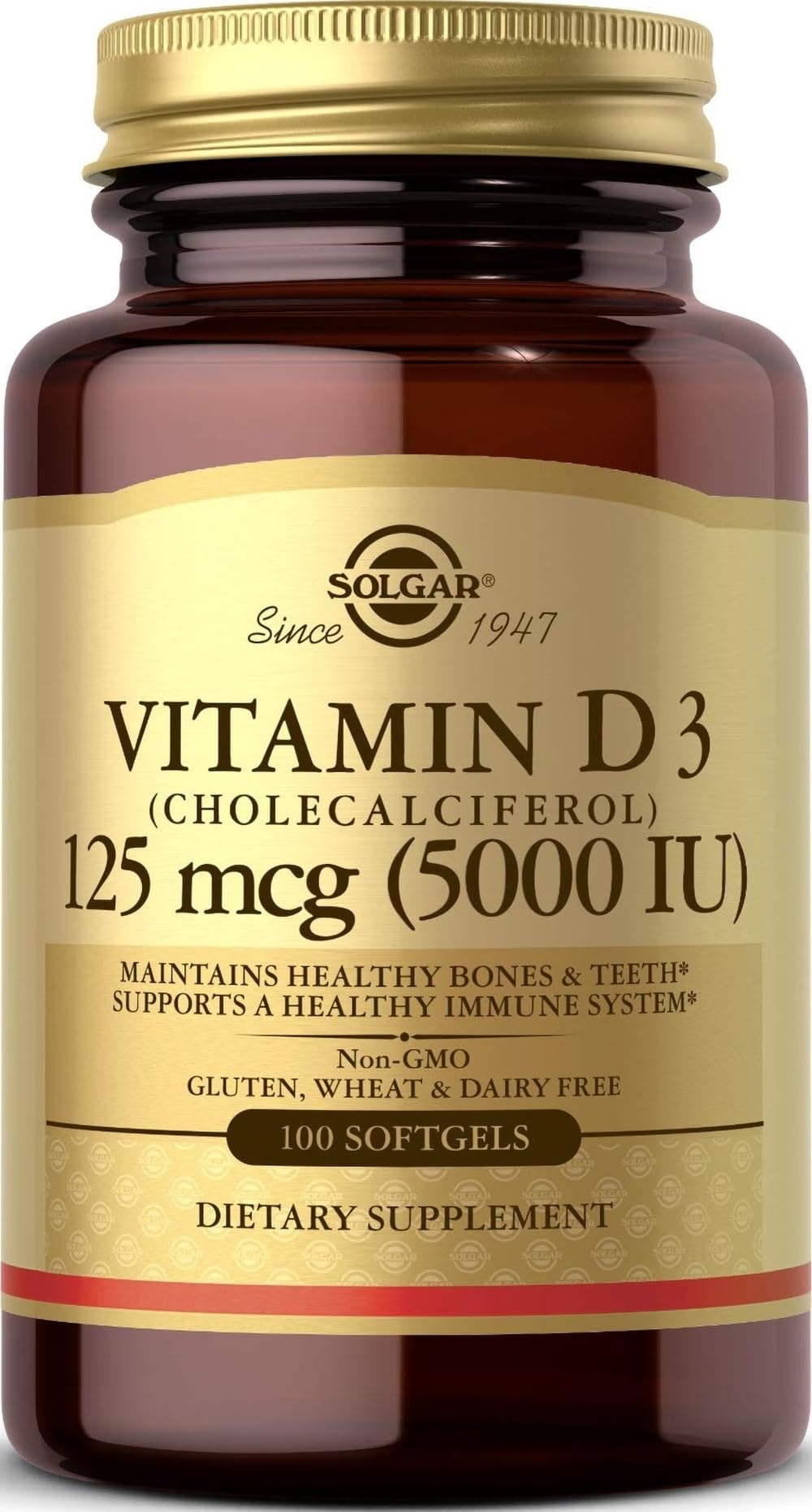 Solgar Vitamin D3 (Cholecalciferol) 125 mcg (5000 IU), 100 Softgels - Helps Maintain Healthy Bones & Teeth - Immune System Support - Non-GMO, Gluten Free, Dairy Free - 100 Servings 100 Count (Pack of 1)