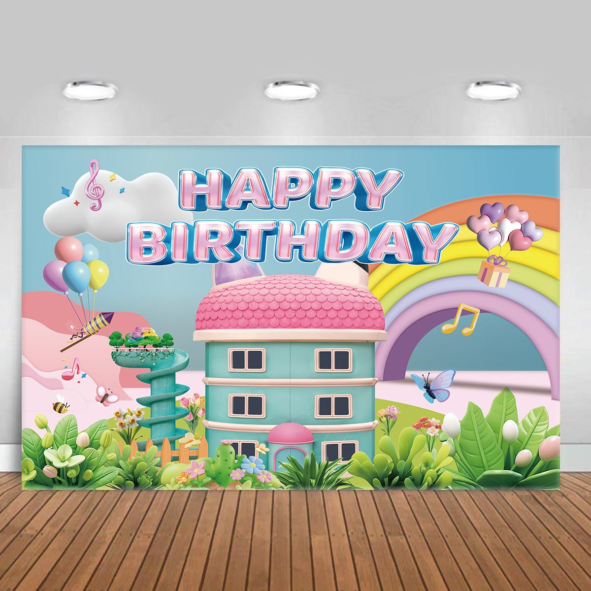 5 * 3FT Rainbow Dollhouse Birthday Party Backdrop Decorations,Rainbow Dollhouse Theme Party Supplies