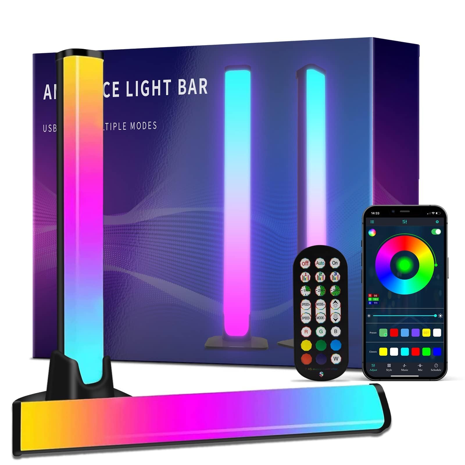 Smart LED Light Bar, 2Pack RGB Smart LED Light Bars with 46 Scene and Music Modes, Gaming Lights That Sync with TV Backlight, LEDs RGB Ambient Color Changing Lighting for Gaming, Bedroom (10inches)