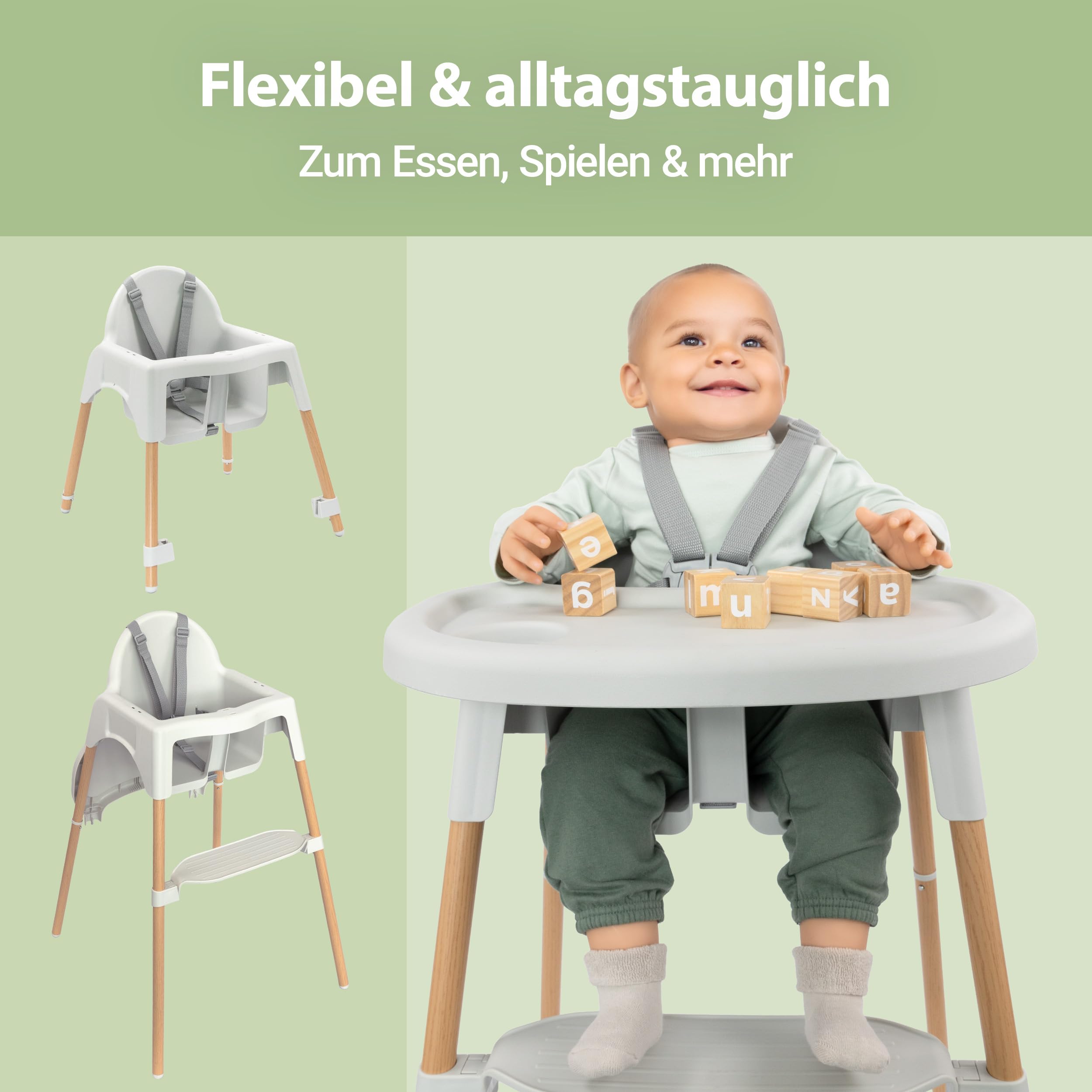 Zamboo Hochstuhl Baby ab 6 Monate | leichter Kinderhochstuhl (3,5 kg) mit edler Holzoptik, großem abnehmbarem Tablett und 5-Punktgurt | EN 14988:2017 geprüft, kippsicher, bis 15 kg - Grau