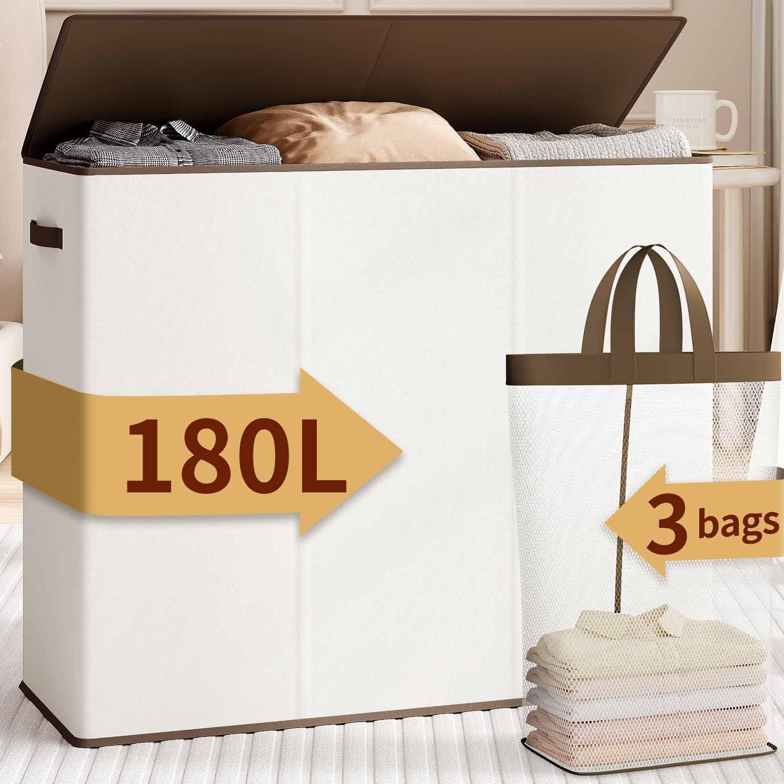 Relefree laundry hamper 3 section,180L large laundry basket for laundry sorting,Clothes Hamper with 3 Removable Bags,laundry hamper with lid, ideal for Bedroom,Bathroom,Dorm,Laundry Room,Ivory