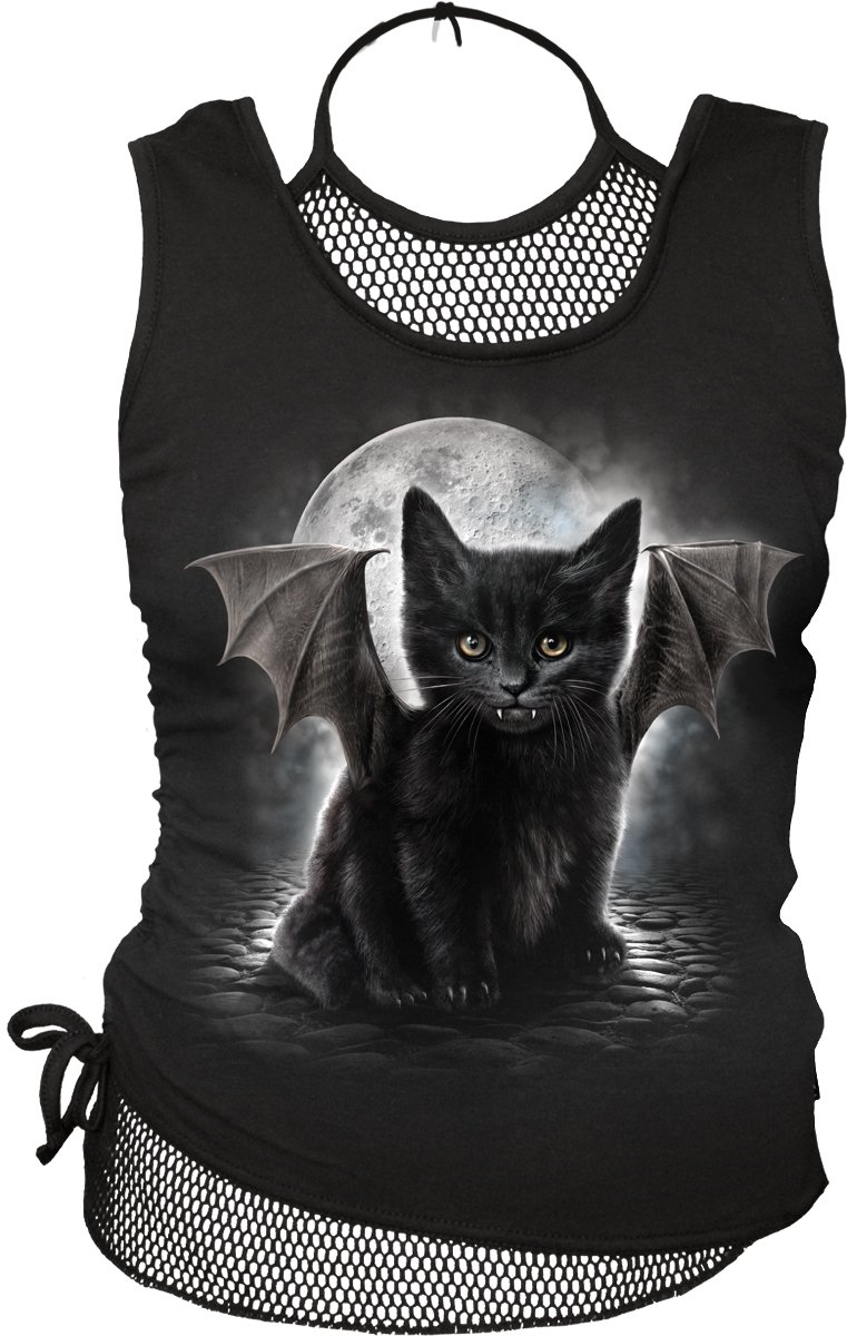 Spiral Women's Black (Black 001) Direct Bat Cat - 2In1 Neck Tie Mesh Top Black Regular Fit Vest Top, 12 (Manufacturer Size:m)
