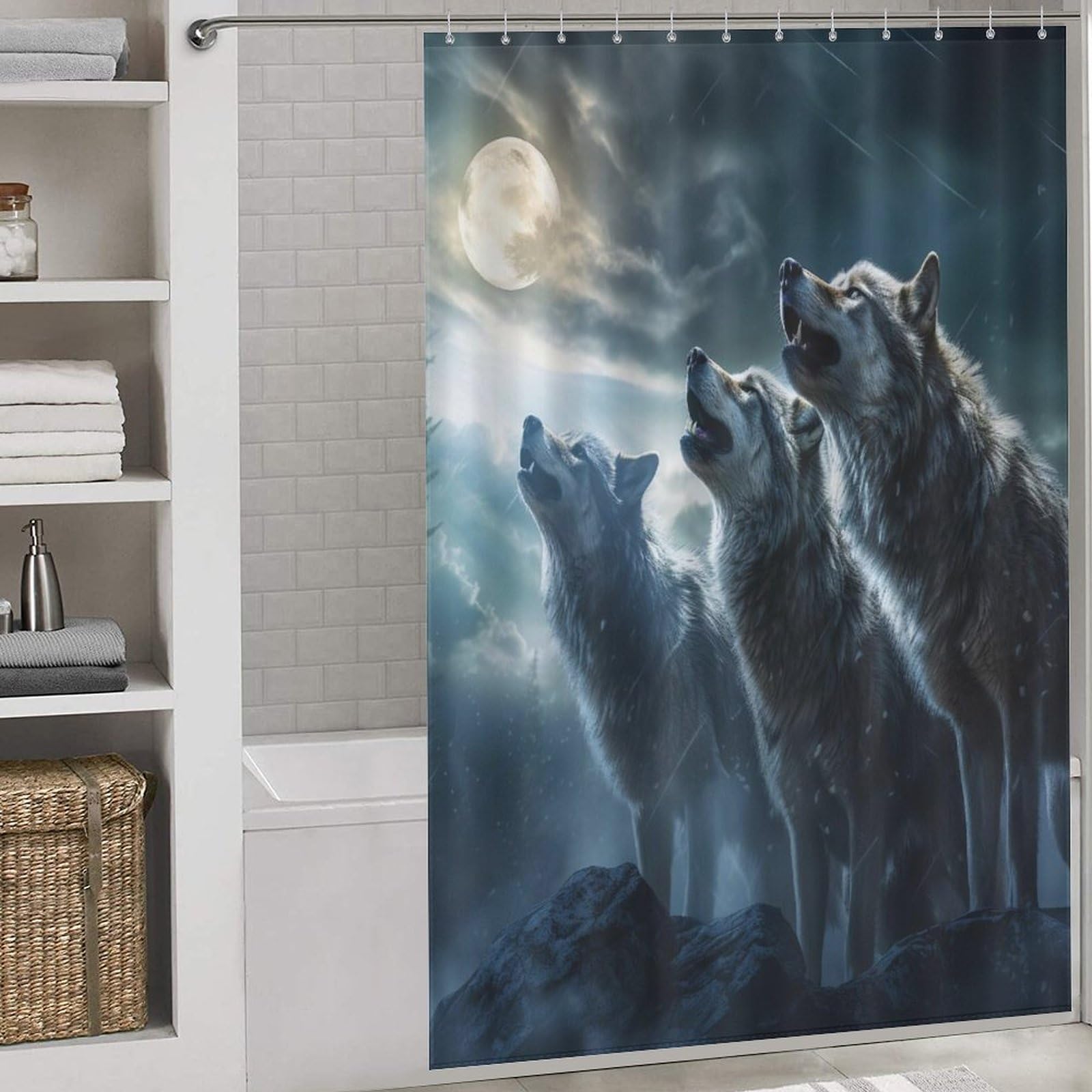 Rideau de douche loup pour baignoire créant une ambiance de détente naturelle 152x183cm.