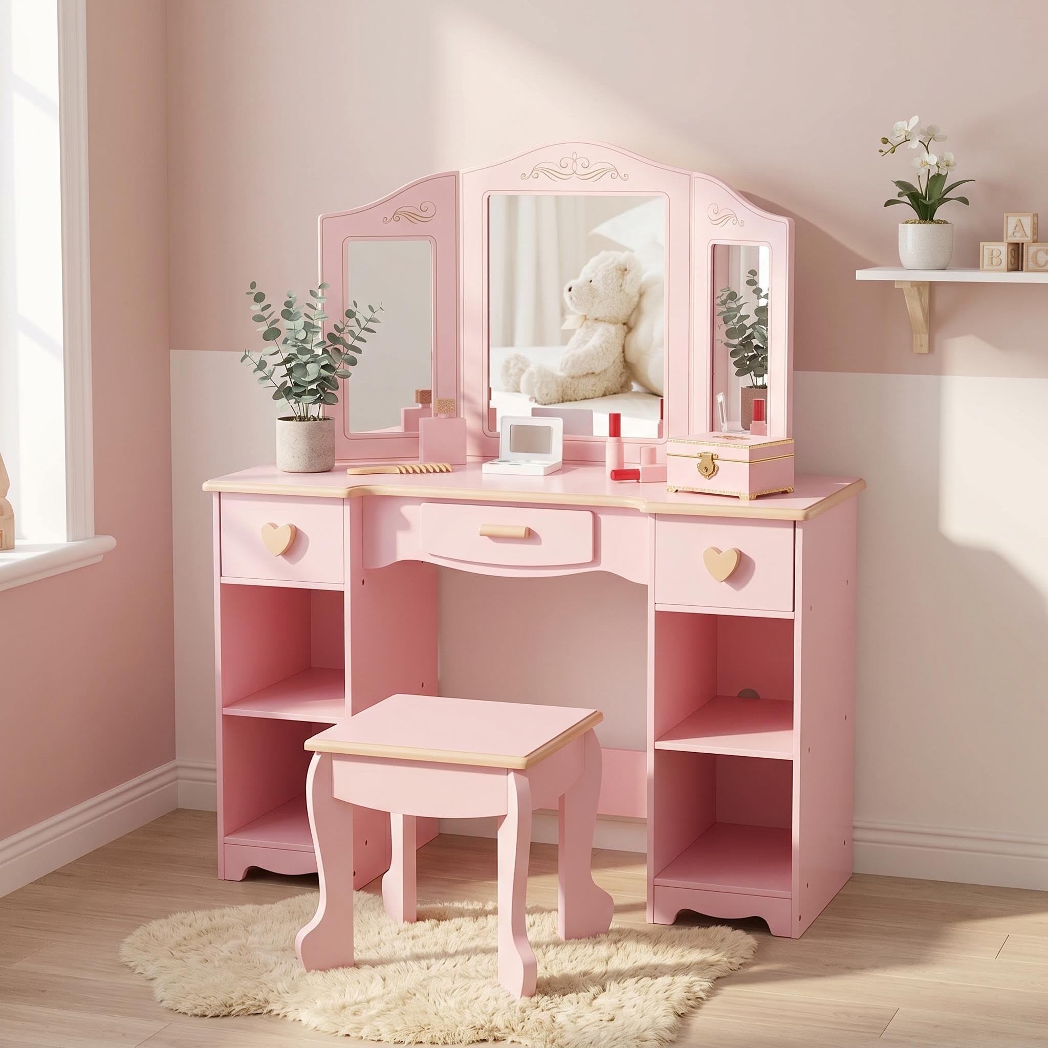 Garvee Coiffeuse Enfant Fille, Coiffeuse Enfant Princesse avec Miroir et Tabouret, Bureau 2 en 1 en Bois MDF Rose pour Chambre d'enfant, Idéal Cadeau d'anniversaire pour Fille 4-9 Ans