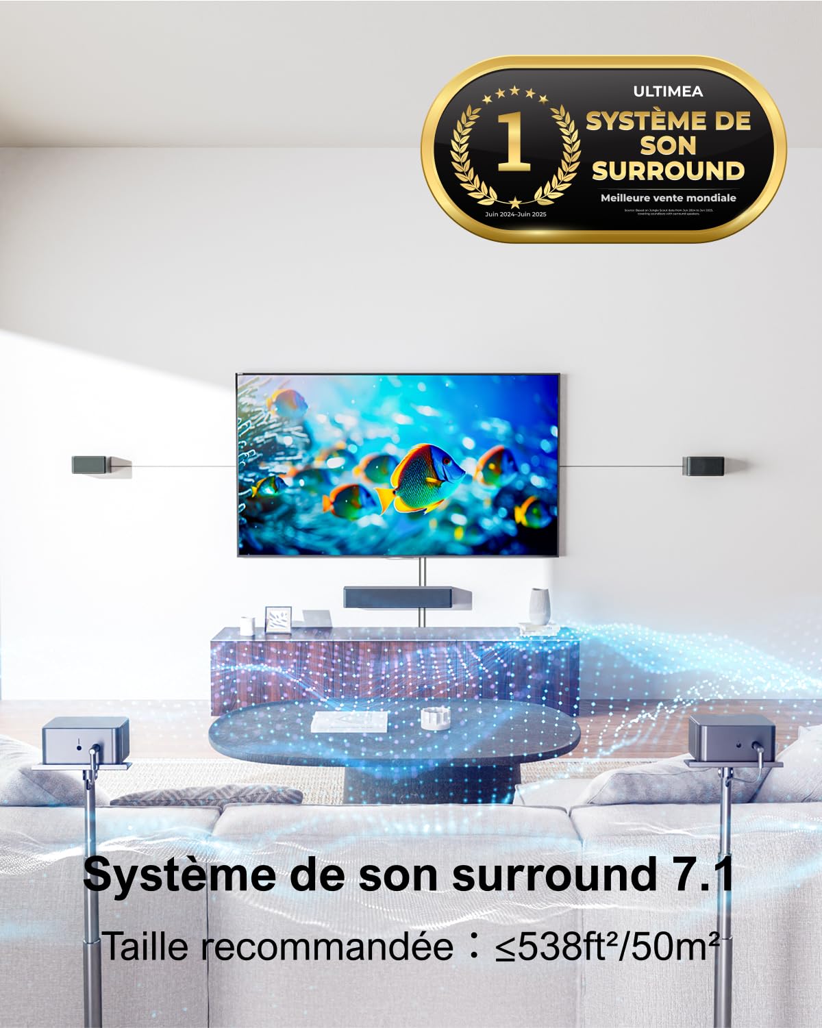 ULTIMEA Barre de Son 7.1ch, Système de Son Surround Virtuel pour TV, Contrôle par App, 4 Haut-parleurs Surround Filaires, Soundbar TV avec Caisson de Basses sans Fil, Home Cinéma, Poseidon D70