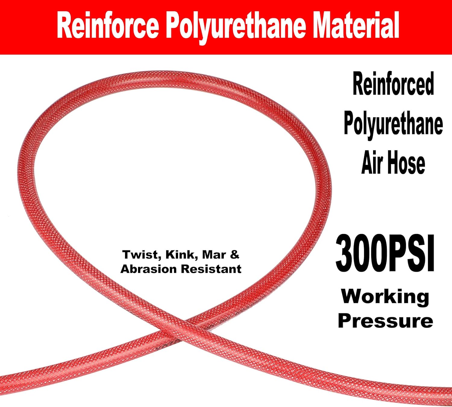 YOTOO Reinforced Polyurethane Air Hose 1/4" Inner Diameter by 25' Long, Flexible, Heavy Duty Air Compressor Hose with Bend Restrictor, 1/4" Swivel Industrial Quick Coupler and Plug, Red