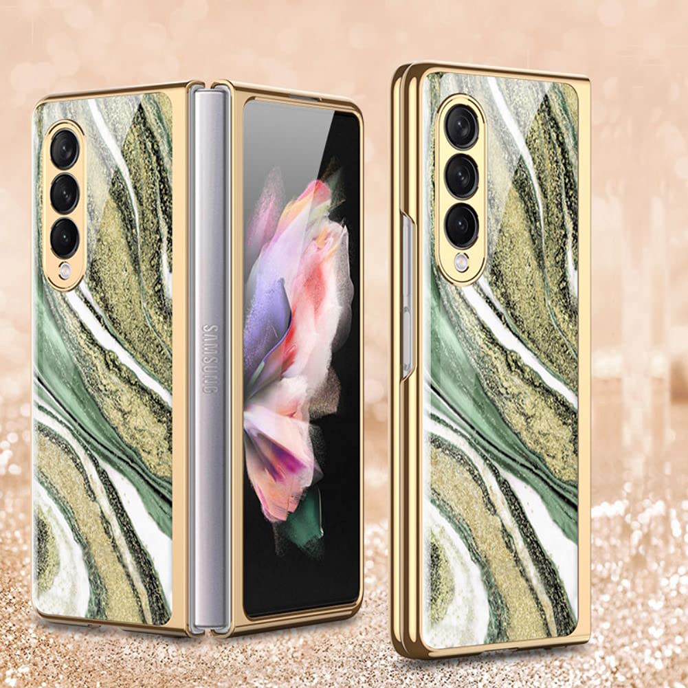SHIEID Samsung Z Fold 3 Case, Z Fold 3 Case Ultra-Thin Tempered Glass Phone Case Protective Cover for Samsung Galaxy Z Fold 3 5G Fashion Electroplated PC Back Cover, Marble-13